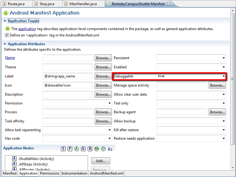 Set Application Attribute as Debuggable